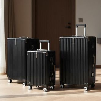 Infinity Leather Zwarte hardshell koffer Dubbele 4-wiel ABS bagage Cabinekoffers