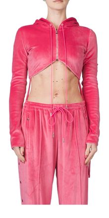 PriscaVera Cropped Zip Up Velour Hoodie In Hot Pink