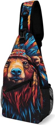 Generic Bear Native Indian Chief Mens Shoulder Bags Sling Crossbody Backpack Travel Hiking Chest Bag with Small Side 38x20cm