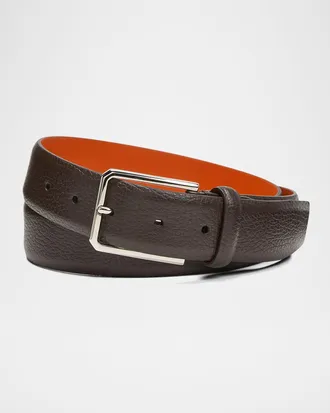 Santoni Men & apos;s Rectangle Buckle Grained Leather Belt