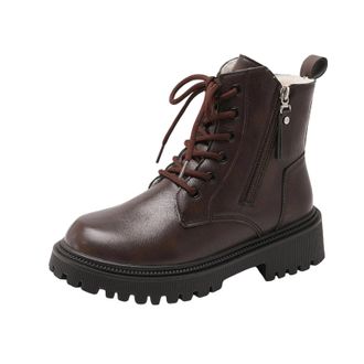 Generic Biker Boots for Women Chunky Heel Warm Winter Booties Stylish Fleece Lined Side Zipper Non-Slip Classic Comfy Lace Up Ankle Boots Work Holiday