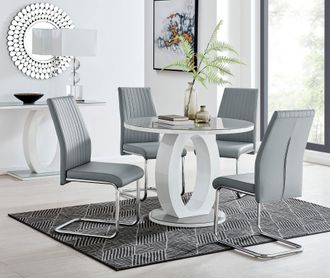 Furniturebox Giovani Round 4 Seat 100cm White High Gloss Unique Halo Base Grey Glass Top Dining Table 4 Soft Faux Leather Lorenzo Chairs in Mustard