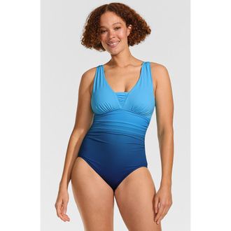 Lands End D-Cup New SlenderSuit Grecian Adjustable Low Leg One Piece in Teal Ombre at Nordstrom, Size 10