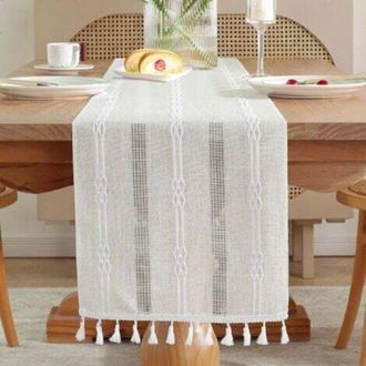 OEM Runner Da Tavola In Lino Ricamato Per Interni/esterni - 33 X 183 Cm, Nappe Annodate A Mano, Elegante Stile Da Caff&egrave;, Colore Beige