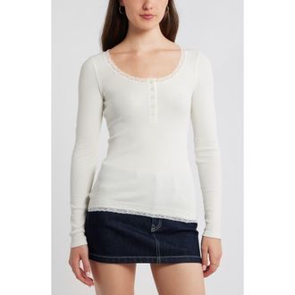 BP. Lace Trim Cotton Blend Rib Henley in Ivory at Nordstrom, Size Xx-Small