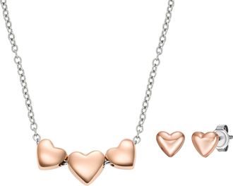 Fossil Womens Heart Two-Tone Stainless Steel Necklace and Earrings Gift Set