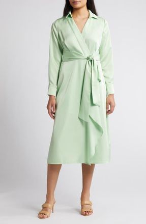 Tahari by ASL Ruffle Front Long Sleeve Midi Shirtdress in Moss at Nordstrom, Size 18