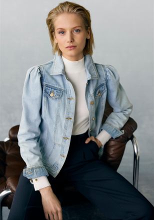 Vivance Jeansjacke VIVANCE, Damen, Gr. 34, blau (blau, washed), Denim/Jeans, Obermaterial: 100% Baumwolle, used, figurumspielend h&uuml;ftlang, Manschette, Jacken 