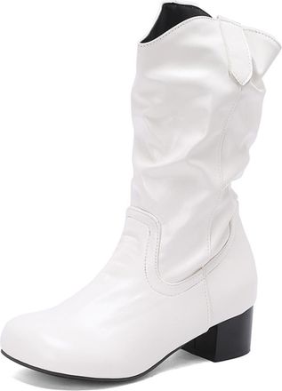 Generic Womens Retro Ruched Mid-Calf Boots with Round Toe Low Block Heels PU Leather Comfortable Anti-Slip Wear-Resistant for Daily Street Casual Party,White,
