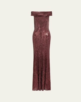 Jenny Packham Echo Off-Shoulder Sequined Gown