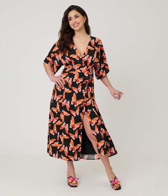 Unique Vintage 1970s Wrap Midi Dress in Black W/Red Butterfly Print at Nordstrom, Size X-Small