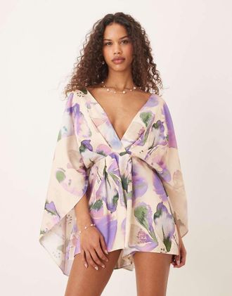 Asos Tuta corta con stampa astratta a fiori, scollo profondo e maniche super oversize-Multicolore