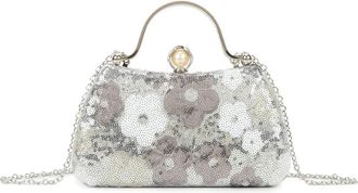 Girly HandBags Womens Floral Sequin Evening Clutch Bag with Top Handle and Chain Strap - Party, Wedding and Cocktail Purse Medium Silver