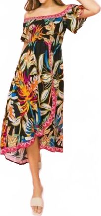 Flying Tomato Tropical Off Shoulder Hi-Lo Midi Dress In Black