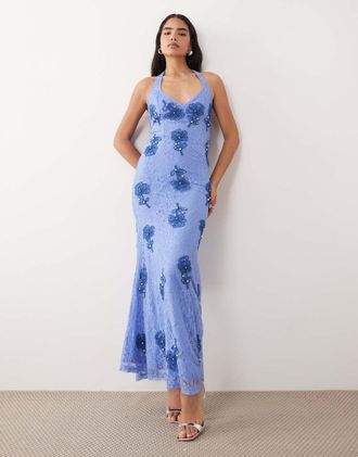 Asos Vestito lungo allacciato al collo in pizzo blu ricamato con allacciatura sul retro