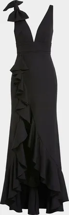 Mac Duggal Plunging High-Low Ruffle Crepe Gown