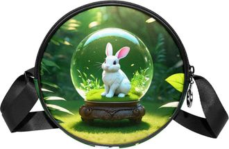 Generic Circle Crossbody Bag for Women, Rabbit Crystal Ball Small Sling Bag Daypack with Zipper Adjustable Shoulder Straps Casual Ladies Girls Round Purse