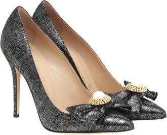 Alessandra Rich Black Metallic Court Heels with Pearl Bow Detail Size 37.5