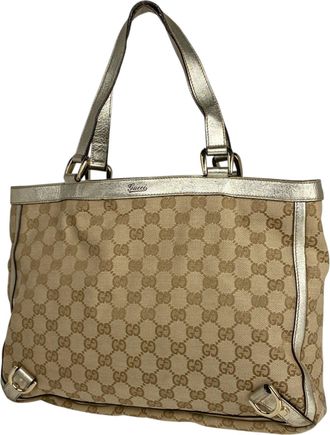 Gucci Beige Gold Gg Canvas Leather Handbag Tote Bag (Pre-Owned)
