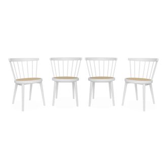 Sweeek Silla de madera y ca&ntilde;a, set de 4, blanco