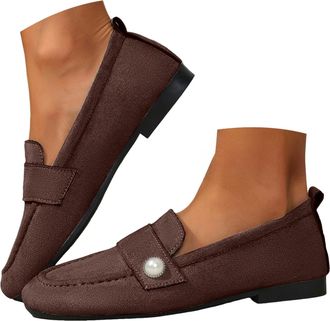 Generic Womens Faux Suede Loafers Casual Shoes for Women Slip On Ballet Flats Pearl Decor Lightweight Walking Shoes Fashion Low Top Square Toe Dating Work Lei