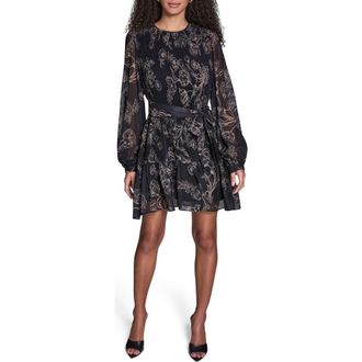 BCBGeneration Floral Pleated Chiffon Long Sleeve Dress in Black/Moonlight at Nordstrom Rack, Size 4