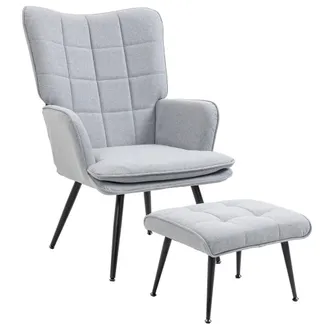 HOMCOM Living Room Chair with Footstool and Steel Legs - Light Grey | TJ Hughes