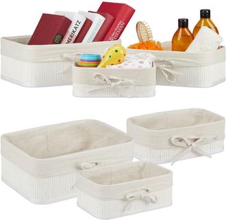 Relaxdays Relaxdays 6x Storage Basket, Bathroom Storage Boxes in 3 Sizes, Bamboo & Polyester, Multipurpose, Stackable, White/Creme
