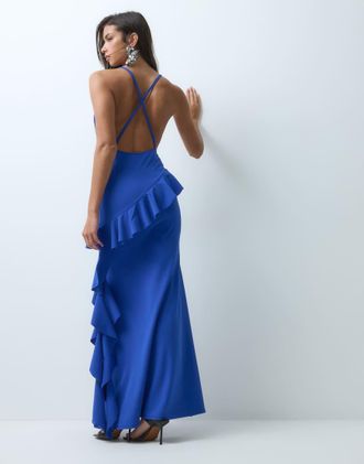 Asos vestito lungo con volant e allacciatura al collo, blu cobalto