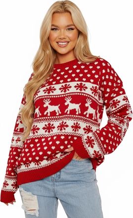 Generic Womens Knitted Christmas Jumper - Festive Reindeer & Snowflake Pattern Pullover | Funny Novelty Xmas Sweater Crew Neck Winter Top (UK, Alpha, S, M, Re