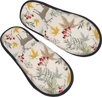 Generic Camping Slippers Deer With Autumn Maple Leaves Non-Slip Plush Slippers Furry Indoor Shoes For Indoor Guest Room Bedroom L