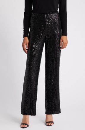 Anne Klein Sequin Hollywood Waistband Straight Leg Pants in Anne Black at Nordstrom, Size Large