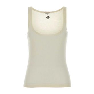 Versace Sleeveless Tops, female, Beige, Size: 2XS Embroidered Ribbed Wool Tank Top