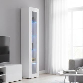 Dmora Vitrina De Columna Con Puerta De Cristal, Made In Italy, Con Luz Led Azul, Aparador Con Estantes, Vitrina De Sal&oacute;n, 40x30h180 Cm, Color Blanco Brillan