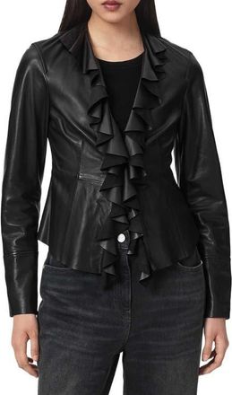 AllSaints Luana Ruffled Leather Shirt in Black at Nordstrom, Size 10