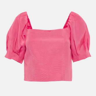 Alice & Olivia Alice + Olivia Pink Cotton Blend Puff Sleeve Joslyn Crop Top L