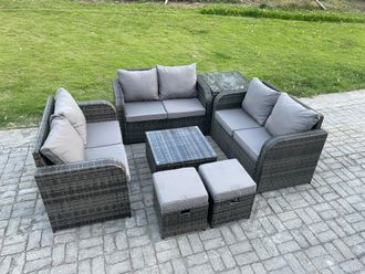 Fimous Outdoor Garden Furniture Sets 8 Seater Wicker Rattan Furniture Sofa Sets with Square Coffee Table Love seat Sofa 2 Small Footstools