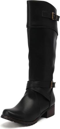 Generic Womens Closed Round Toe Long Boots with Buckle PU Leather Knee High Boot with Zipper Block Heel Western Boots,Black,8.5 UK