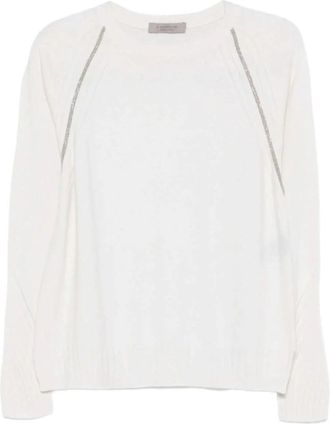 D.exterior Off-White Versierde Raglan Trui - Dames - Ronde hals truien - Wit - XL - Wol - Truien & Vesten