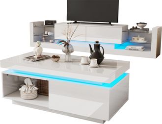 STILVORA Conjunto De Mueble De Tv Con 1 Mueble De Tv Y 1 Mesa De Centro, Iluminaci&oacute;n Led, Para Sal&oacute;n Moderno, Tablero De Part&iacute;culas, Blanco