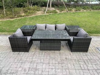 Fimous Rattan Garden Furniture Sofa Set Outdoor Adjustable Rising Lifting Dining Table Set with 2 Armchairs in Dark Grey