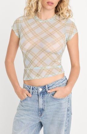 Good American The Mesh Baby Tee in Summer Plaid Honey at Nordstrom, Size X-Large