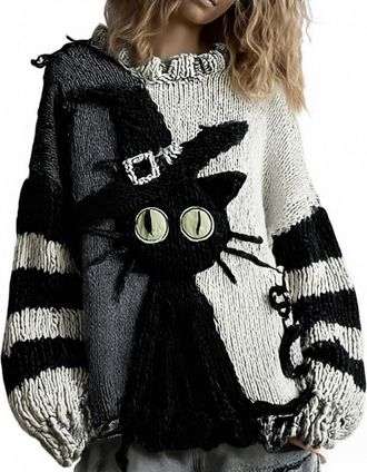 Generic Womens Halloween Horror Spooky Face Knit Sweater, Holiday Cosy Funny Top Ghost Print Sweatshirt Knitted Sweater Pullover Loose Neutral Sweaters Oversi