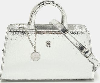 Aigner Cybill Stretch S Mini Silver Crackled Leather Satchel