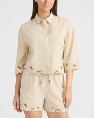 Ellen Tracy Womens Embroidered Button Front Shirt