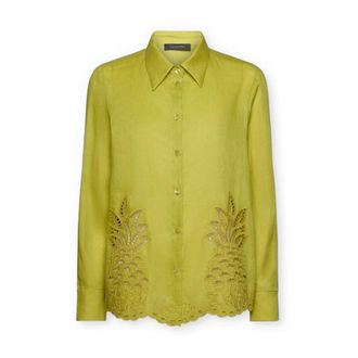 Elena Miro Overhemden, Dames, Geel, 5Xl, Linnen, Linnen shirt met open borduurwerk