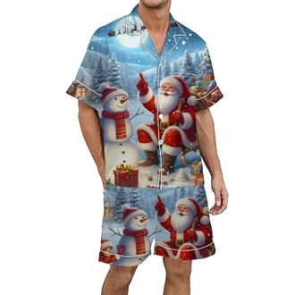 Generic Mens Christmas Printed Silk Satin Pajama Set Short Sleeve Button Up Wear Comfortable Holiday Nightwear for Festive Season (Blue, XL)