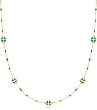 Ross-Simons Italian Green Enamel Clover Station Necklace in 14kt Yellow Gold