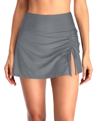 Holipick Swim Skirt for Women High Waisted Skirt Swimsuit Drawstring Tummy Control Bathing Suit Bottoms with Built-in Brief, Grey, X-Large