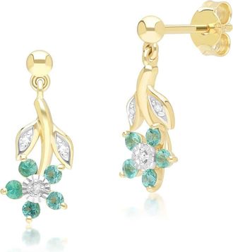 Gemondo Floral Emerald & Diamond Drop Earrings in 9ct Yellow Gold